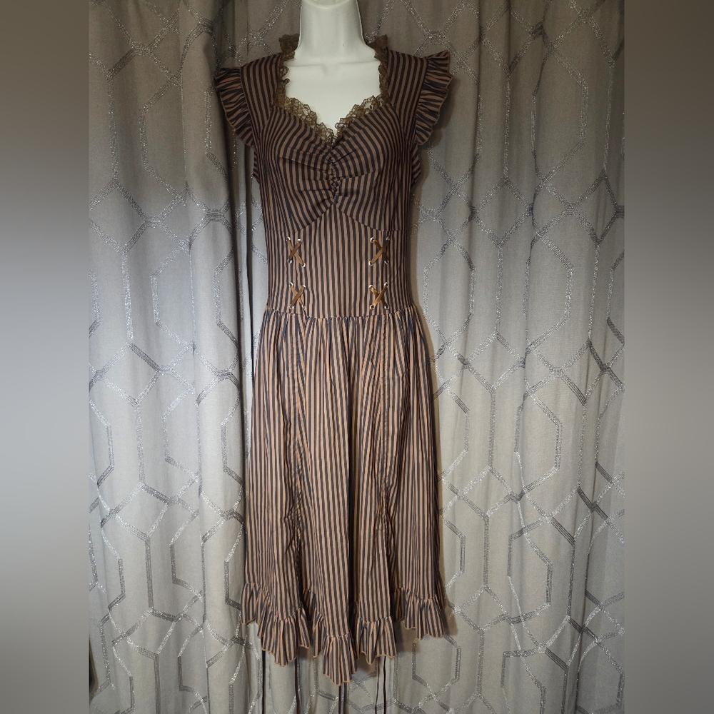 Scarlet Darkness Brown/black Striped Corset Dress W/ruffle Collar/sleeve Size S.